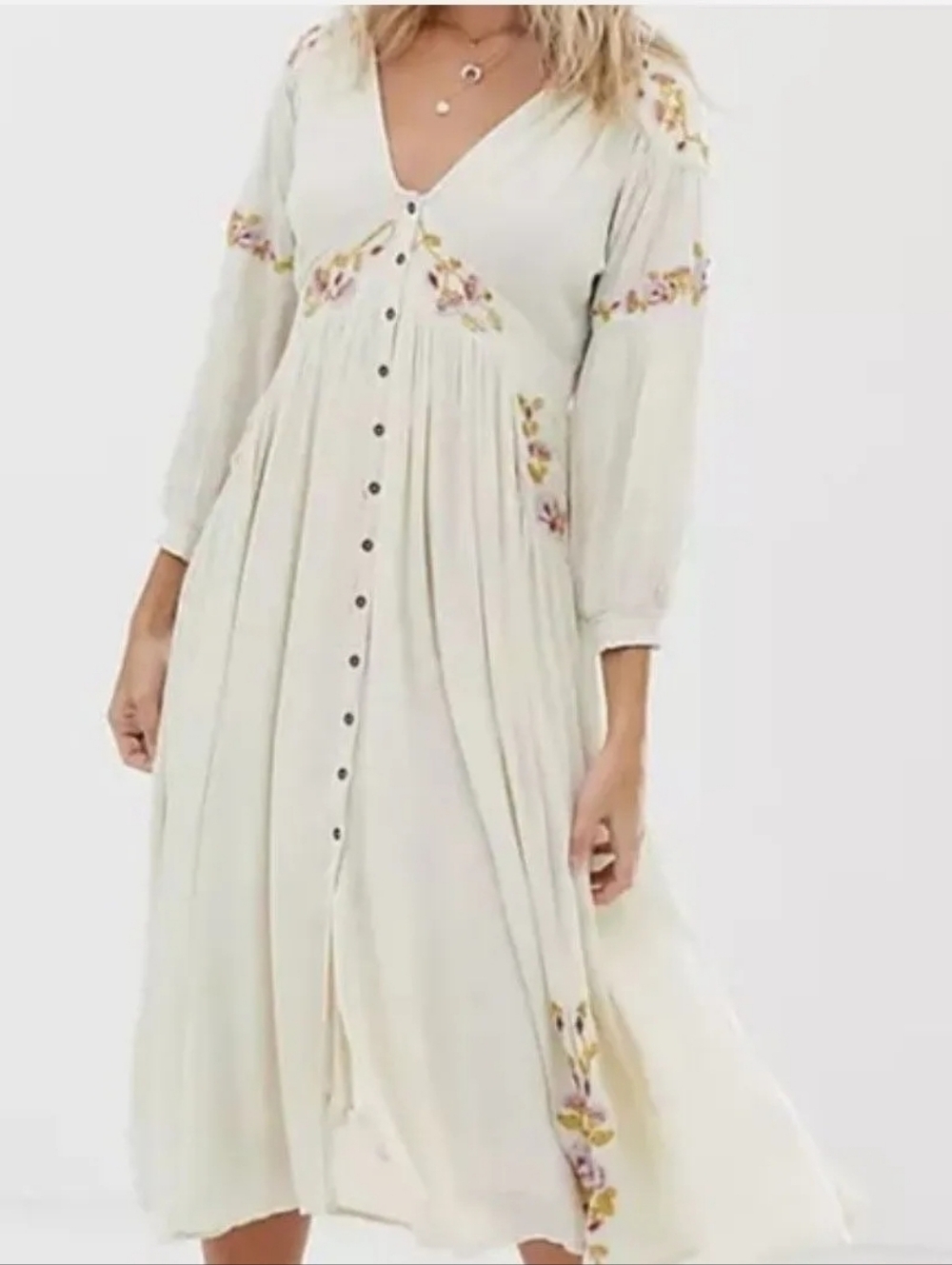 Free Prople Day Glow Midi Dress Button Up Embroidered V Neck